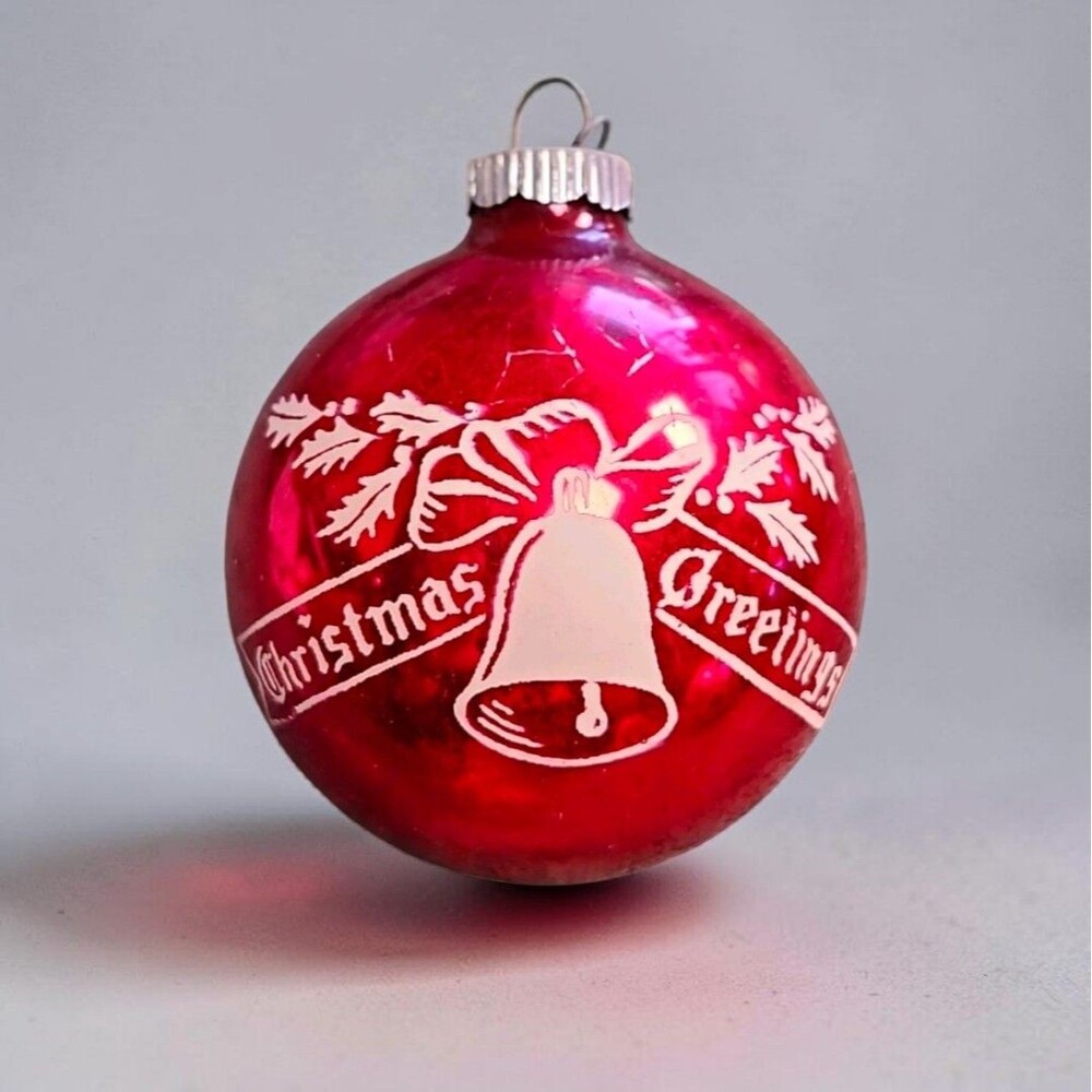 Vintage Shiny Brite Red Glass Ornament Stenciled Christmas Greetings Bell MCM